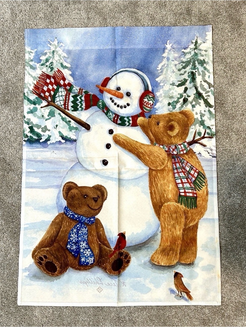 Vintage Christmas Holiday House Flag Snowman Teddy Bears Toland 34x24